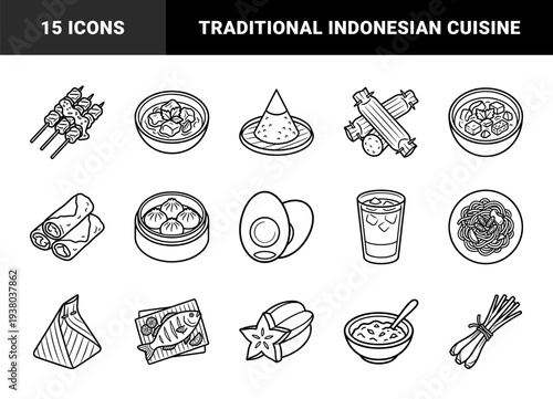 Traditional Southeast Asian cuisine and Indonesian street food elements. Bold monoline illustrations featuring satay, rice cone, soup, and tropical starfruit.