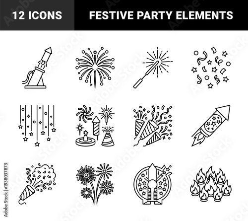 Celebration fireworks and party pyrotechnics elements in monoline style. Festive exploding rockets, sparklers, and confetti for event planning graphics.