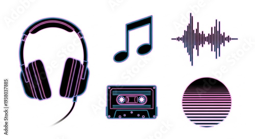Retro music icons including headphones cassette tape and sound wave.