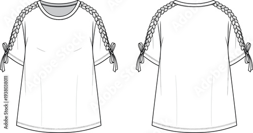 Women Fashion Braided Raglan Sleeve T-Shirt Technical Flat Sketch Vector Template with Tie Up Bow Detail and Crew Neckline Illustration