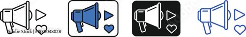 Megaphone marketing icon set with play button and heart social media promotion symbols collection for advertising, announcement and digital communication concept