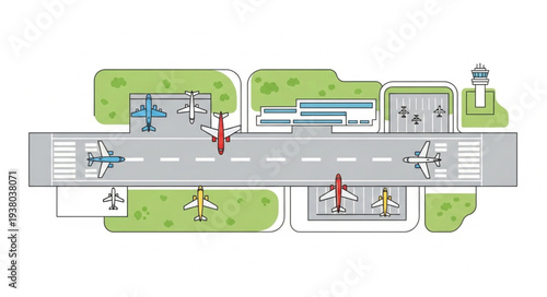 Aerial view of an airport with airplanes on the runway and tarmac.