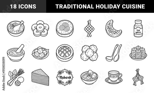 Traditional Eid al-Fitr and Ramadan culinary elements for festive menu design. Hand-drawn monoline illustrations of Malay and Indonesian holiday food.