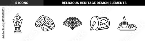 Ramadan cultural traditions and Islamic heritage symbols featuring dates, incense burner, and prayer drum. Minimalist monoline black and white graphic design elements.