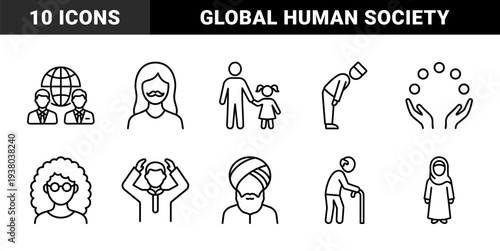 Cultural diversity and social inclusion symbols in technical monoline aesthetic featuring global community and religious heritage pictograms for educational infographics.