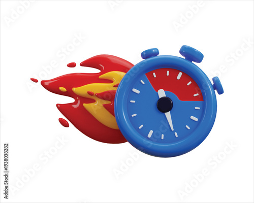 Stopwatch with fire flame icon 3d render concept of fast run, quickly completing a task, very fast delivery or service icon vector illustration