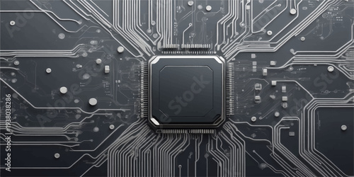 A high-tech digital design featuring a printed electronic circuit board motherboard with a microchip CPU processor and hardware connections representing modern computer engineering technology