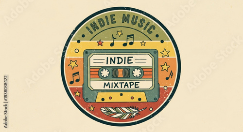 Vintage indie music mixtape cassette label with colorful design and text on cream background
