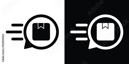 High-speed shipping box icon in a speech bubble. Represents express delivery, rapid logistics, fast e-commerce shipping, and quick parcel services. Professional black and white vector set.