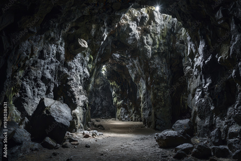 Fototapeta premium Rocky underground tunnel with light entering through openings, creating a path forward