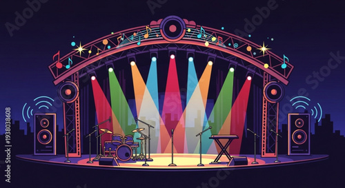 Vibrant concert stage with colorful spotlights and musical instruments at night