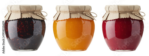 Three jars of homemade jam and honey preserves glass