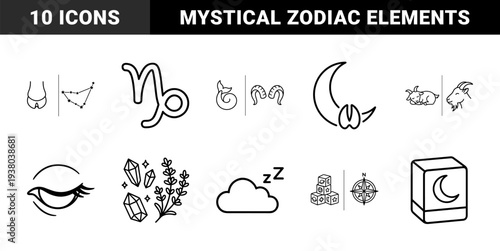 Astrological Capricorn zodiac symbols and earthy mystical elements. Minimalist monoline illustrations featuring sea-goat, constellations, crystals, and celestial motifs.