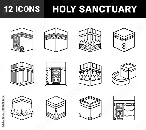 Islamic pilgrimage architecture and Kaaba sanctuary symbols. Minimalist monoline structural illustrations for religious education and cultural heritage design.