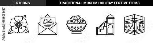 Islamic religious and cultural symbols featuring dates bowl, eidi gift envelope, floral ornament, kaaba and mosque minbar. Bold monoline linear graphics for ramadan and eid celebrations.