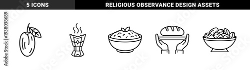 Ramadan cultural traditions and Islamic religious observance elements. Minimalist monoline symbols featuring dates, incense burner, and charitable food offerings.