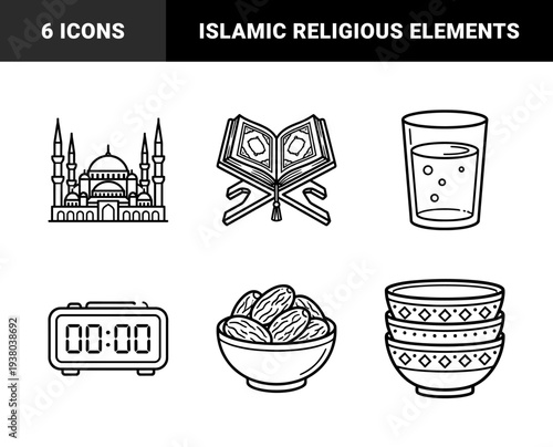 Ramadan and Islamic religious observance elements featuring mosque, Quran, and dates. Technical monoline illustrations for spiritual and cultural design projects.