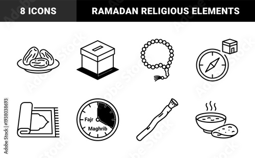 Islamic religious observance and Ramadan fasting traditions. Minimalist monoline symbols featuring prayer rug, dates, charity box, and prayer beads.