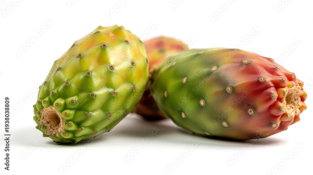 Naklejka premium Three Prickly Pear Cactus Fruits on Surface green spiky