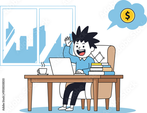 Freelancer working on laptop at home office with money idea bubble remote work online earning concept illustration isolated on white background