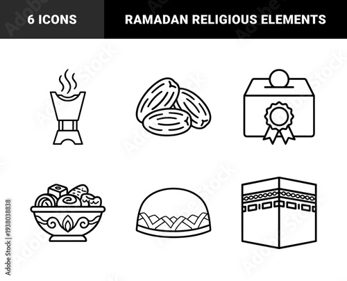 Ramadan and Islamic cultural elements featuring dates, zakat box, bakhoor burner, sweets, Kaaba, kufi hat, and fasting moon phases in monoline style.