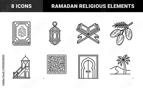Islamic heritage and Ramadan religious symbols in a clean monoline aesthetic. Minimalist linear pictograms featuring Quran, lantern, mosque architecture, and dates.