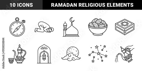 Ramadan Kareem and Islamic religious tradition monoline elements featuring mosque, qibla compass, prayer, and dates for cultural celebration designs.