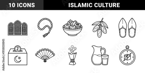 Islamic heritage and Ramadan celebration line art elements. Traditional monoline graphics featuring religious symbols, festive food, and cultural artifacts.