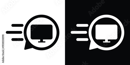Clean vector icon of a computer monitor or TV screen inside a motion speech bubble. Perfect for representing screen sharing, digital broadcasting, display settings, or tech support.