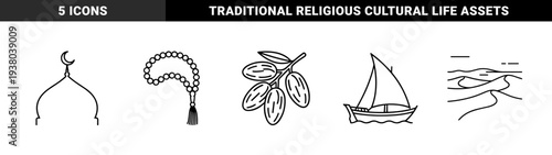 Islamic heritage and Middle Eastern culture elements in monolinear style. Traditional mosque dome, prayer beads, dates fruit, dhow boat, and desert landscape pictograms.