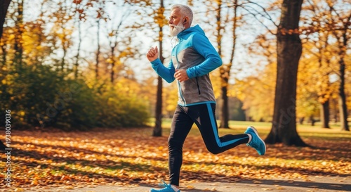 Elderly man running along forest trail during morning workout in nature. Concept of healthy aging, active retirement lifestyle, and fitness in older age. Side view