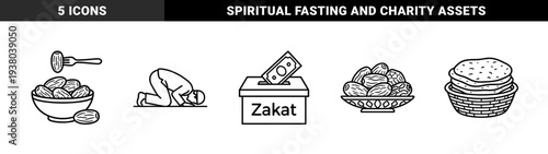 Islamic religious practices and Ramadan traditions in a minimalist monoline aesthetic featuring prayer, zakat charity, dates, and flatbread.
