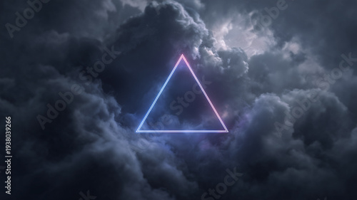 Neon Triangle Shape in Dramatic Cloudy Sky Background