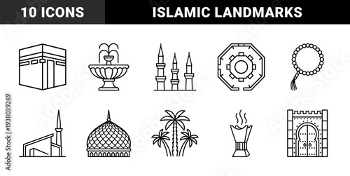 Islamic heritage and Middle Eastern architectural elements featuring the Kaaba, minarets, and ornate domes. Geometric monoline line art for religious education and cultural infographics.