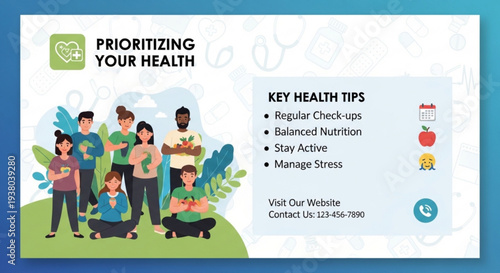 Prioritizing your health concept with diverse group and key health tips on a flyer