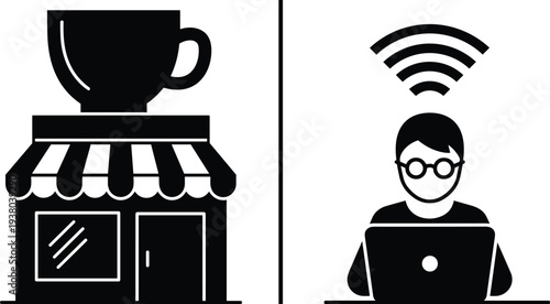 Cafe shop and freelancer working on laptop with wifi icon remote work coffee shop workplace concept illustration isolated on white background