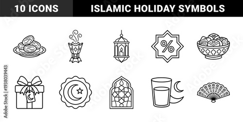 Ramadan and Eid Mubarak religious line art featuring crescent moon, dates, lantern, and prayer drum. Minimalist monoline cultural symbols for Islamic holiday celebrations.