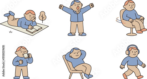 Man Character Relaxing and Performing Everyday Leisure Tasks
