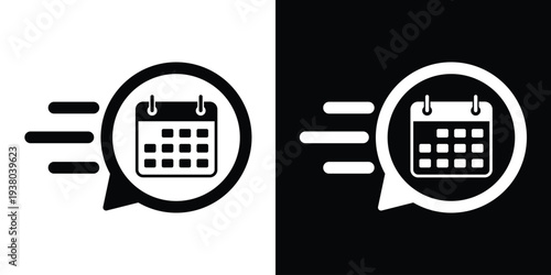 Calendar icon inside a speech bubble with speed lines. Professional black and white vector design representing quick scheduling, fast booking, deadlines, and time management.