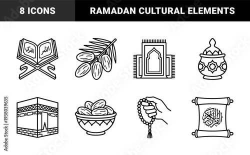 Islamic religious symbols and Ramadan traditions featuring Quran on rehal, prayer rug, dates, Kaaba, and tasbih in bold monoline style.