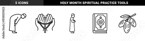 Islamic religious practice and Ramadan traditions featuring prayer positions, quran, prayer beads, and dates in a clean monoline aesthetic.