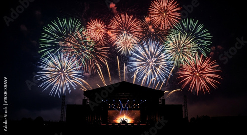 Vibrant fireworks exploding above a dark silhouette building at nighttime colorful celebration display