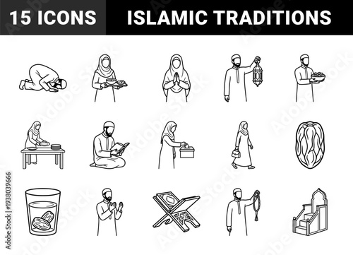 Islamic religious practices and Ramadan traditions in minimalist monoline style. Black and white line art featuring prayer, fasting, charity, and communal worship.