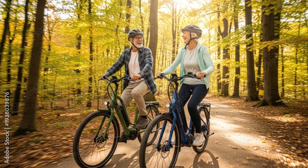 Fototapeta premium Happy senior couple riding bicycles together along forest path surrounded by green trees and summer nature. Concept of active retirement, healthy lifestyle, and joyful time in nature.