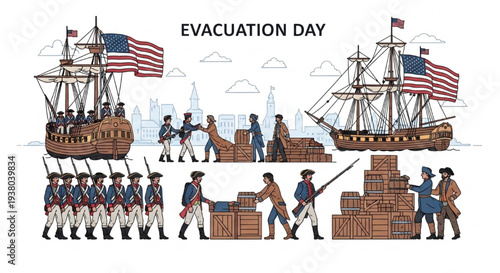 Historic Evacuation Day Colonial Soldiers Loading Ships Harbor Vector Illustration