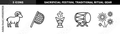 Islamic holiday celebration and Eid al-Adha tradition symbols in technical monoline style. Featuring sacrificial ram, incense burner, ketupat, bedug drum, and fireworks.