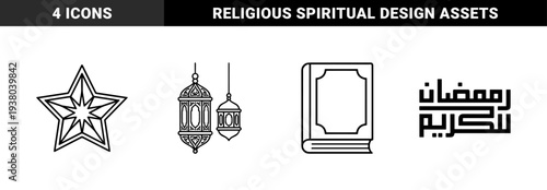 Ramadan Kareem religious elements and Islamic holiday symbols. Geometric monoline star, traditional hanging lanterns, and Quran book for spiritual greeting cards.