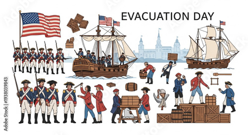 Historic Evacuation Day Colonial Soldiers Loading Ships Harbor Vector Illustration