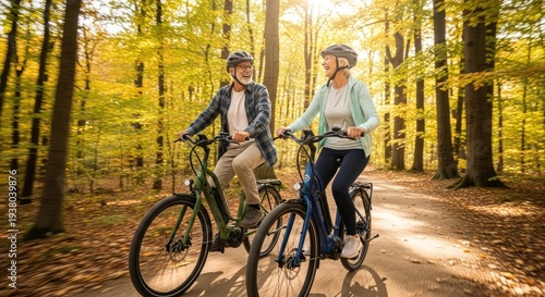 Happy senior couple riding bicycles together along forest path surrounded by green trees and summer nature. Concept of active retirement, healthy lifestyle, and joyful time in nature.