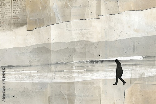 Person alone walking beach ephemera border outdoors drawing collage.